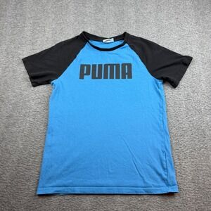 Puma T-Shirt Kids Large 14/16 Blue Black Raglan Short Sleeve Logo Tee